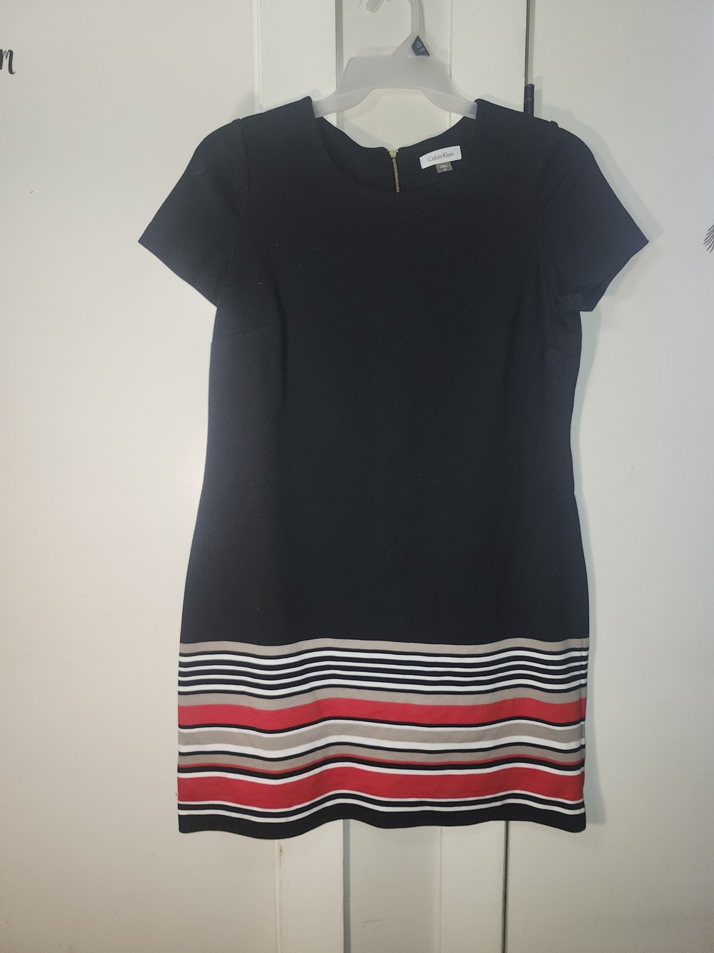 Calvin Klein Black Mini Shift Dress with Red, White & Black Stripe Hem